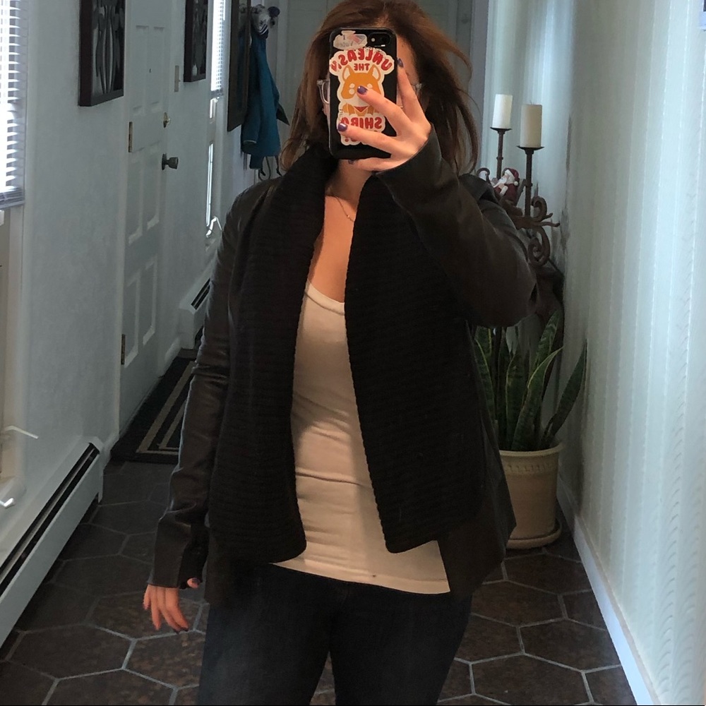 VINCE. small leather and  drape sweater jacket